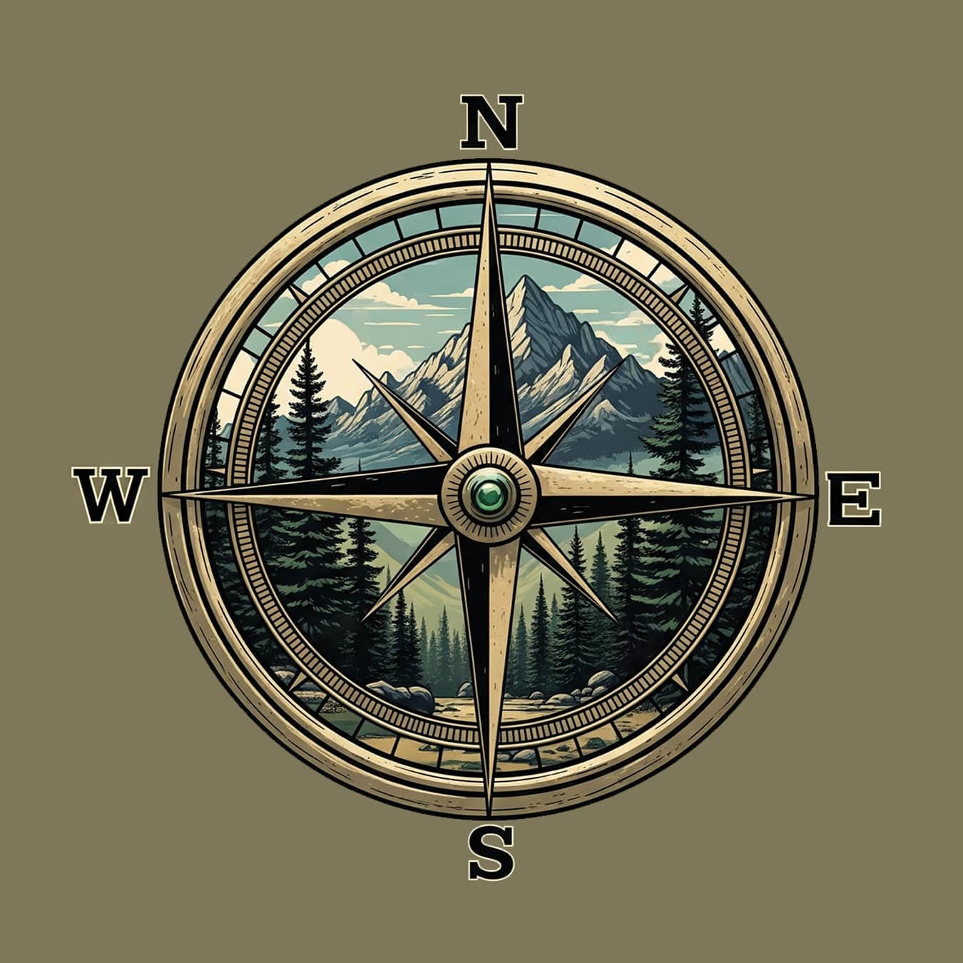 Compass and Mountain Scene