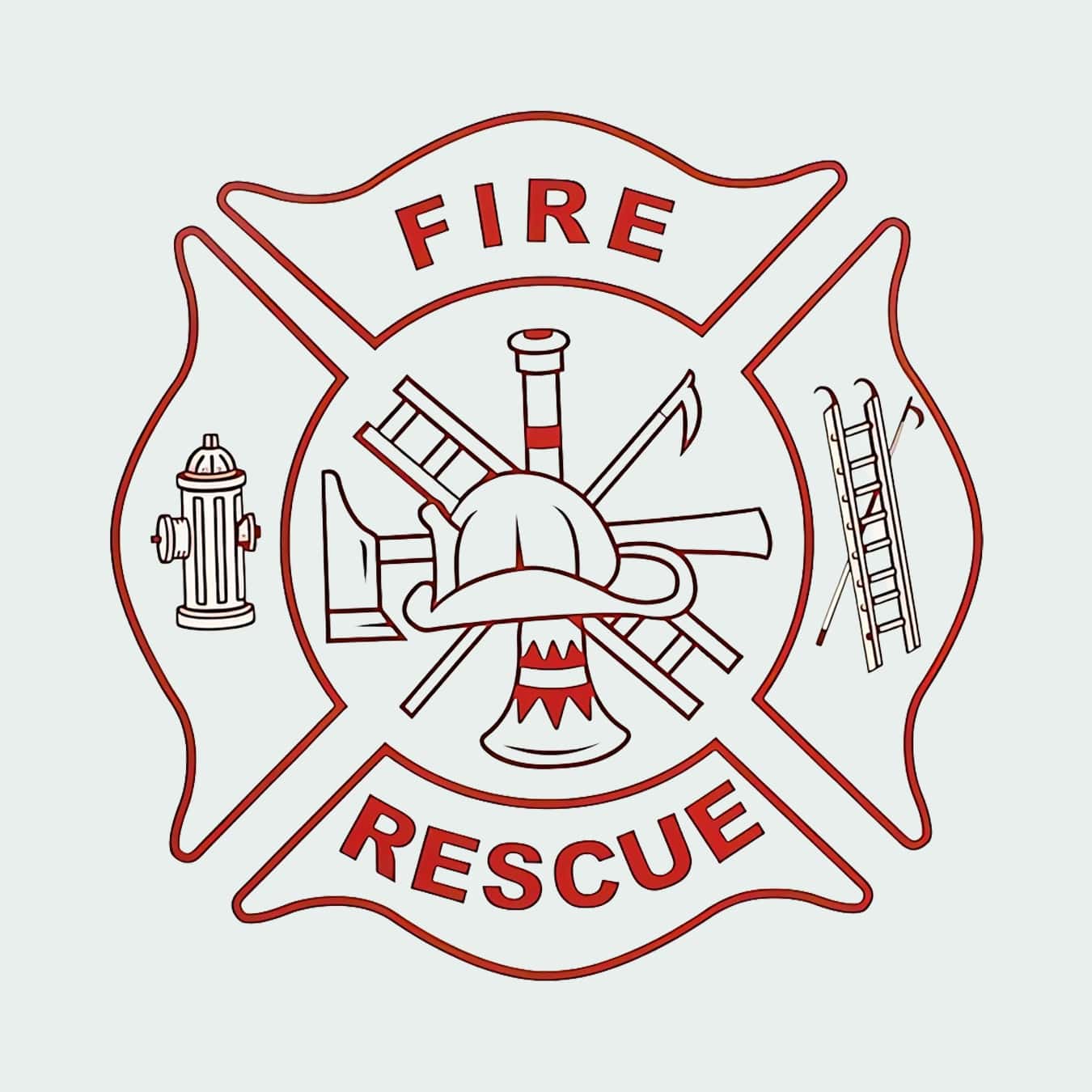 Fire rescue emblem with firefighter helmet, ladder, hose, and hydrant on a white background