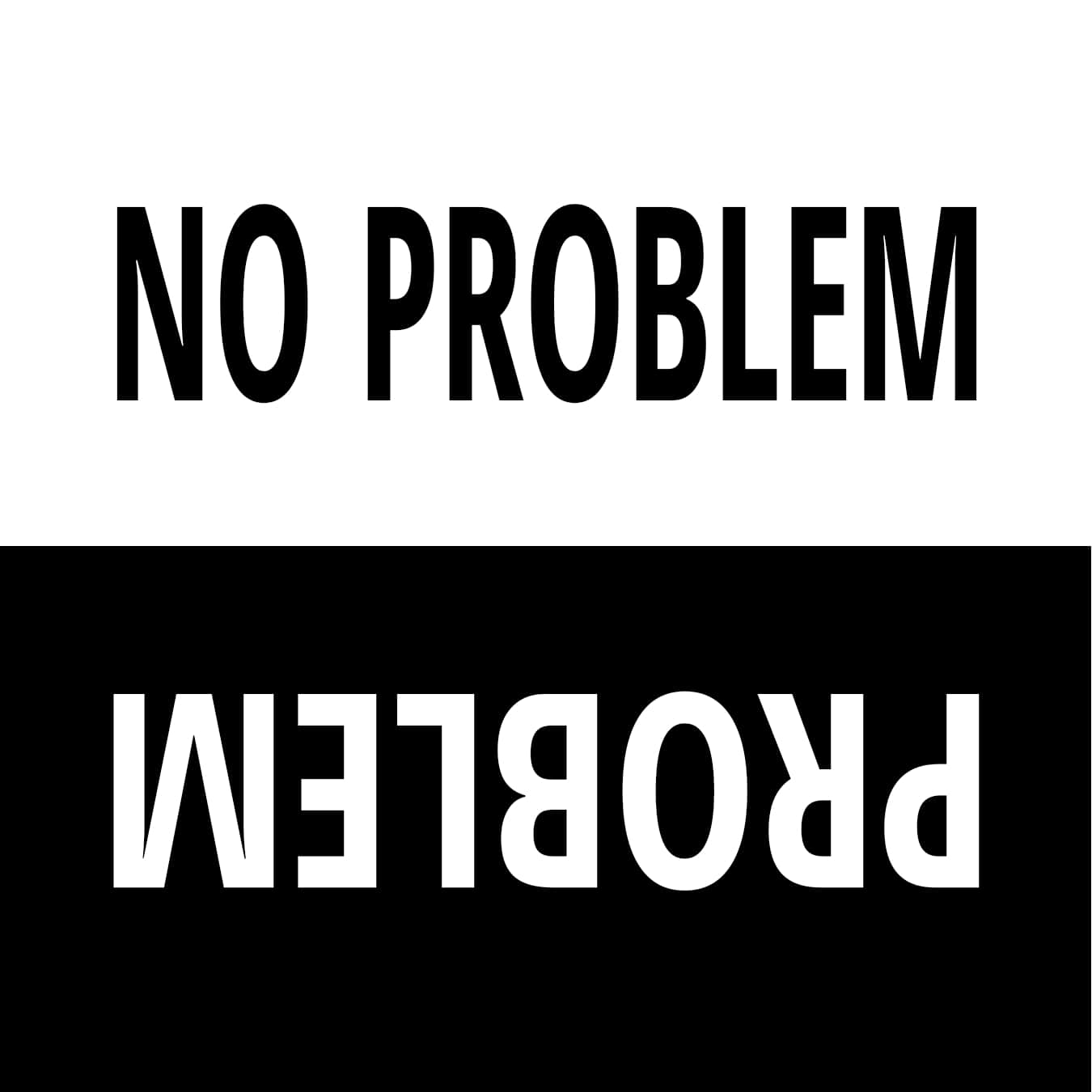 Two text blocks on a white background with 'NO PROBLEM' in black and 'PROBLEM' in white.