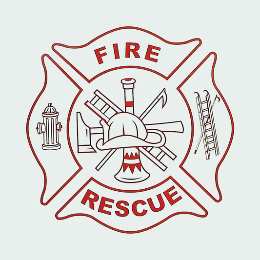 Fire rescue emblem with firefighter helmet, ladder, hose, and hydrant on a white background